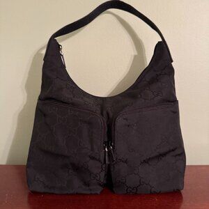 AUTHENTIC Gucci Black GG Monogram Nylon Double Pocket Hobo Bag